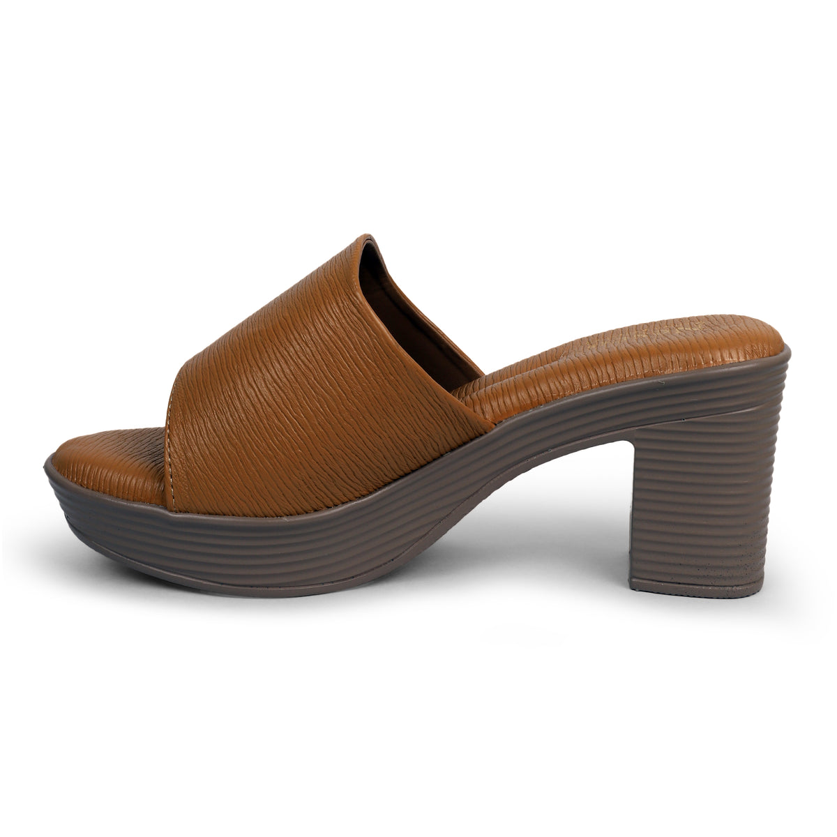 Textured Block Heel Slip-On Mules - Tan