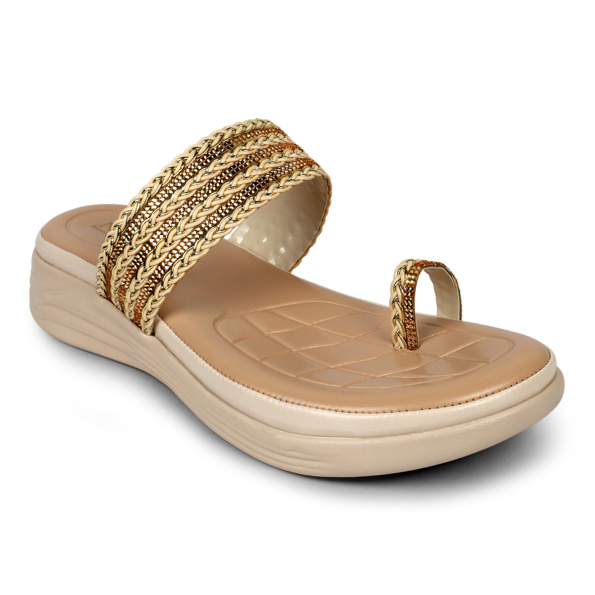 Braided Embellished Toe-Loop Sandals - Beige