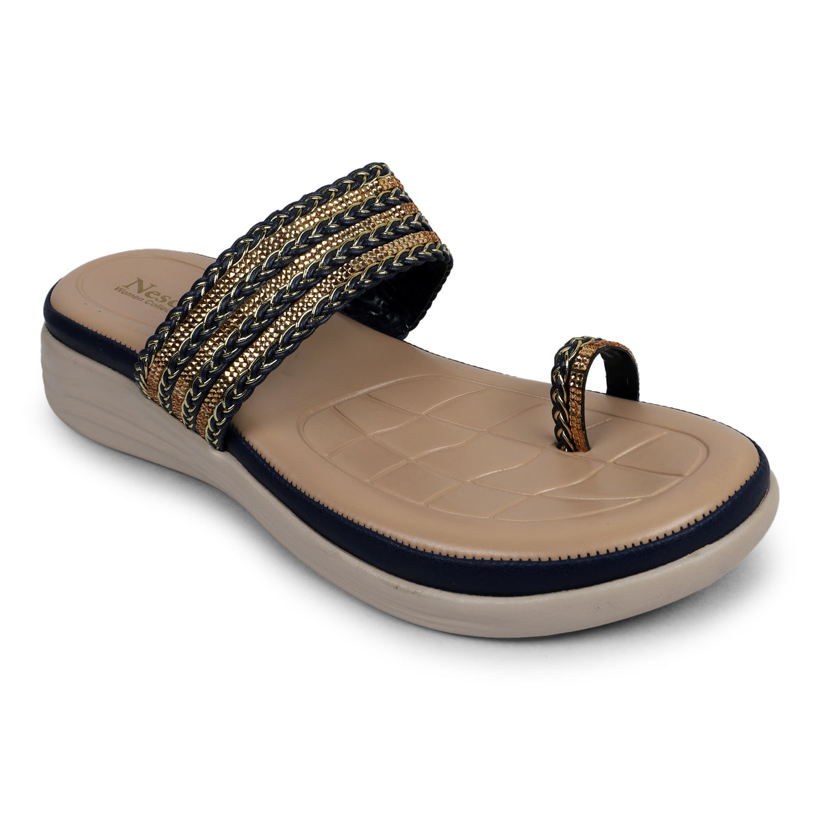 Braided Embellished Toe-Loop Sandals - Navy
