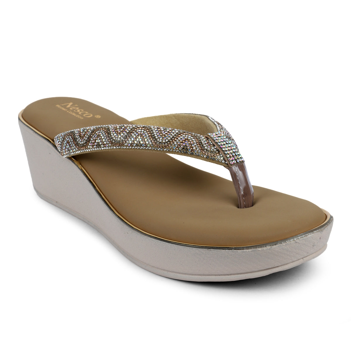 Rhinestone Embellished Wedge Sandals - Tan