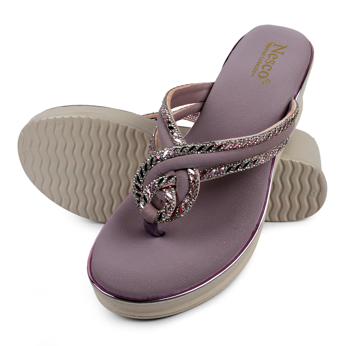 Knotted Rhinestone Wedge Sandals - Mauve Pink