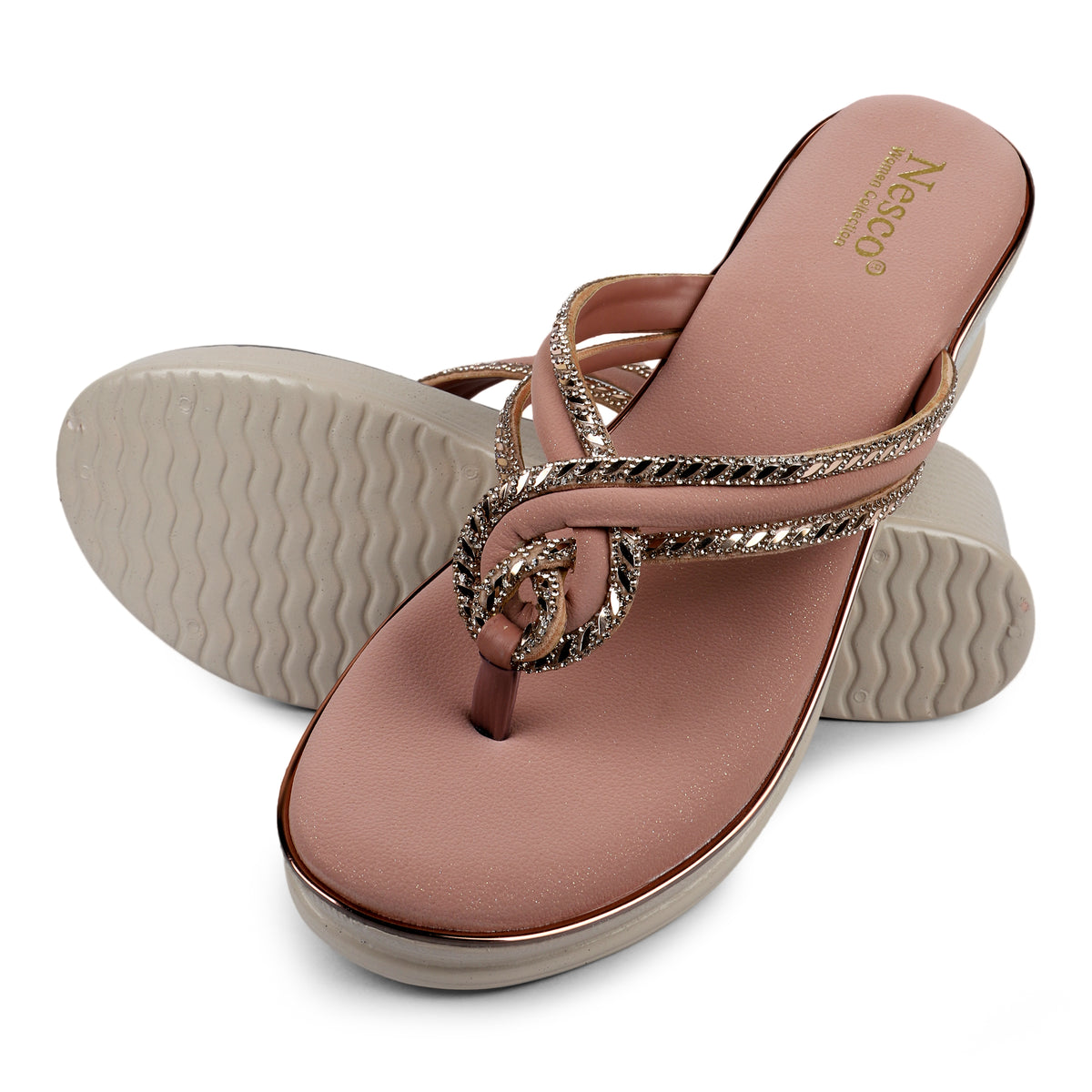 Knotted Rhinestone Wedge Sandals - Rosewood