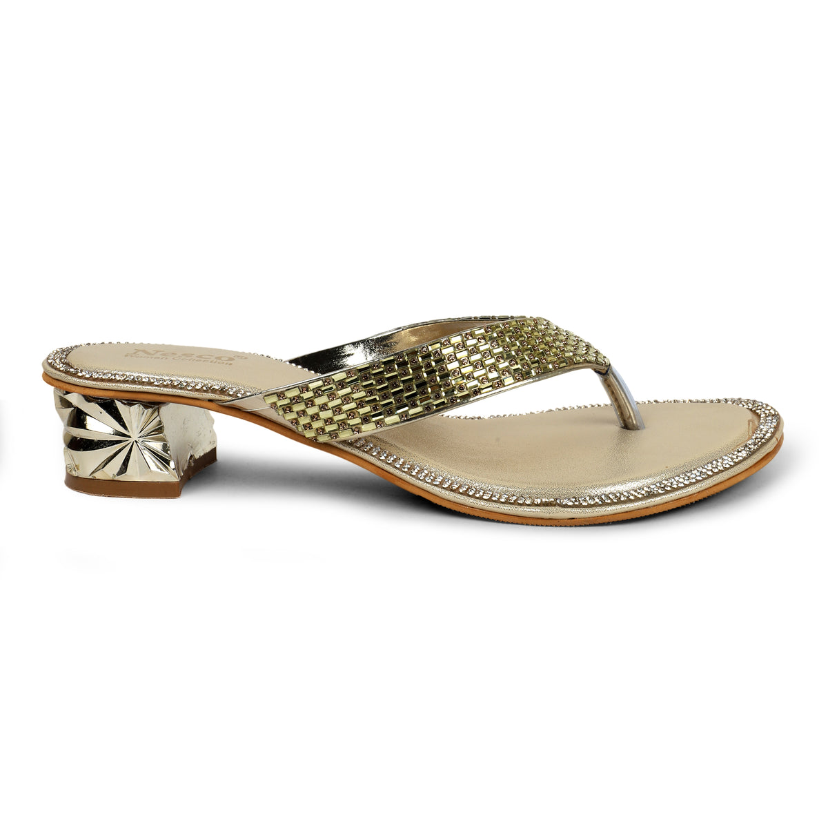 Studded Criss-Cross Block Heel Mules - Gold
