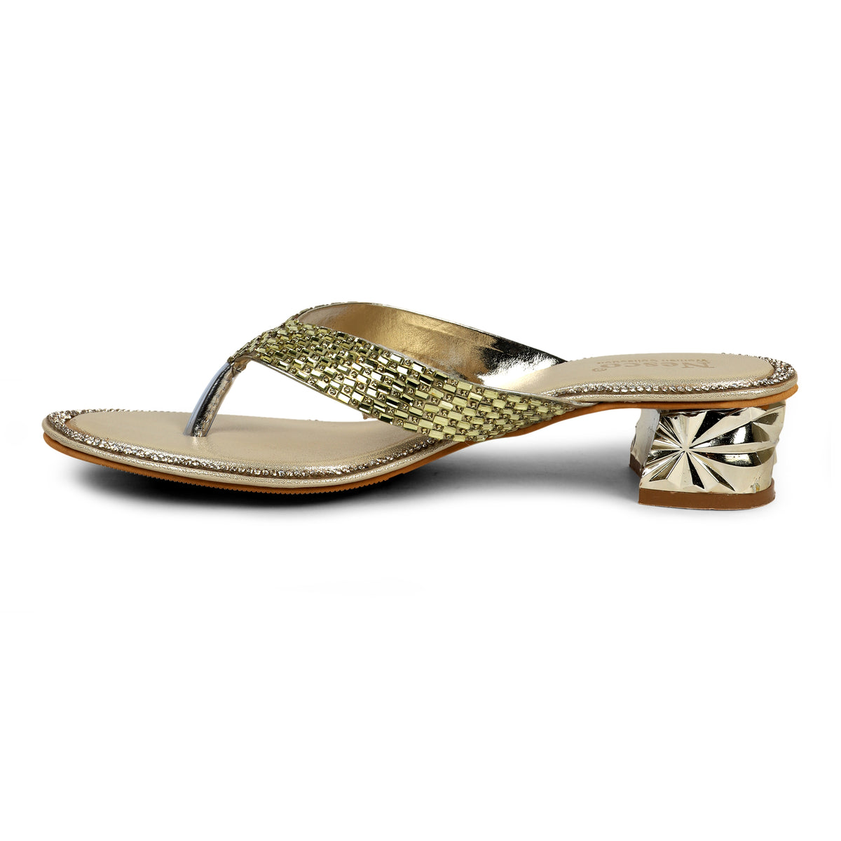 Studded Criss-Cross Block Heel Mules - Gold