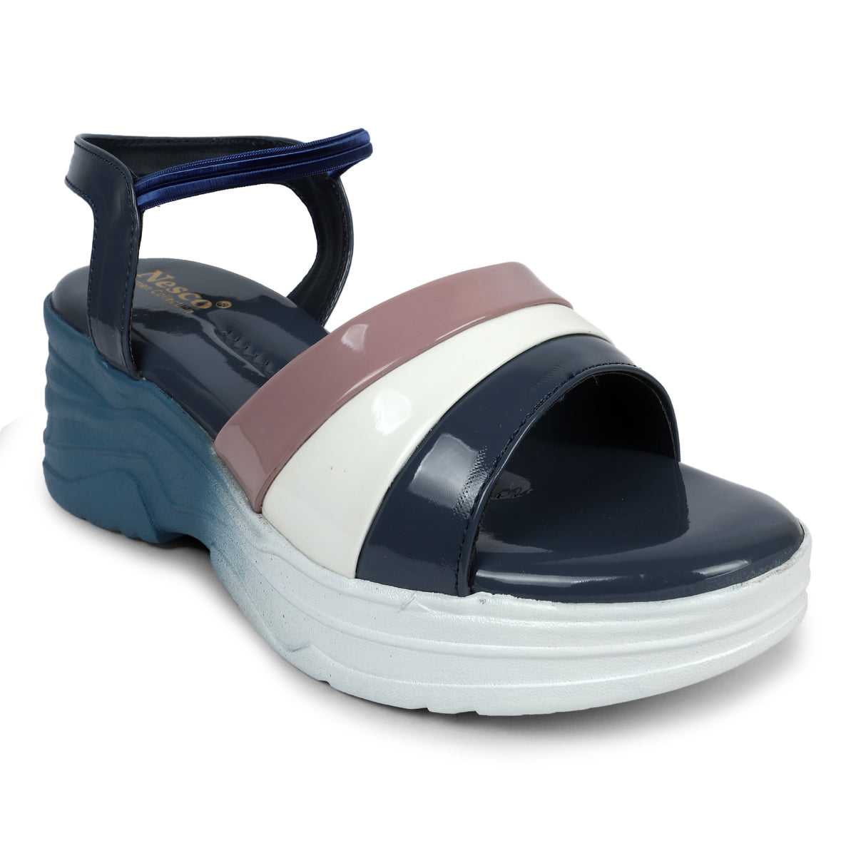 Tri-Color Glossy Strap Sandals - Navy
