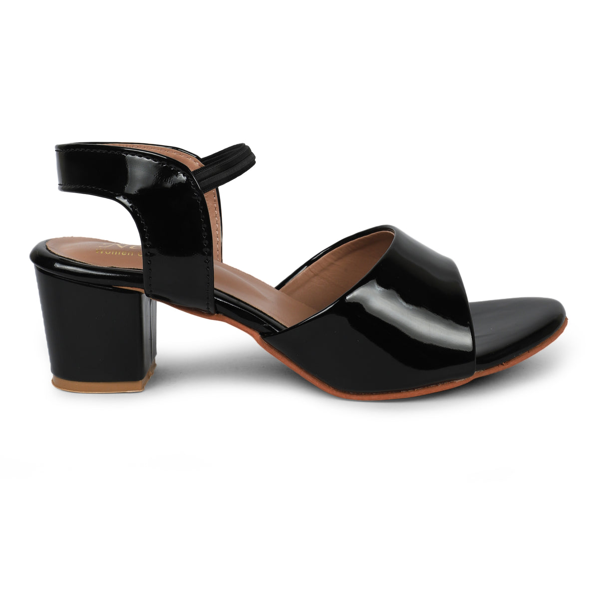 Glossy Block Heel Sandals - Black