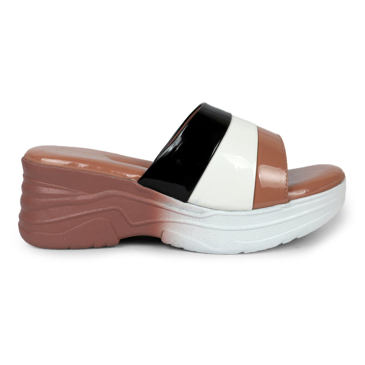Tri-Color Platform Wedge Slides - Tan