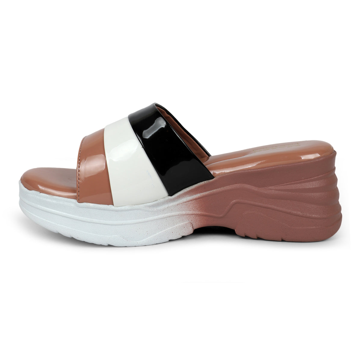 Tri-Color Platform Wedge Slides - Tan