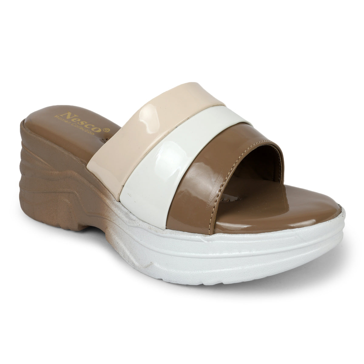 Tri-Color Platform Wedge Slides - Beige