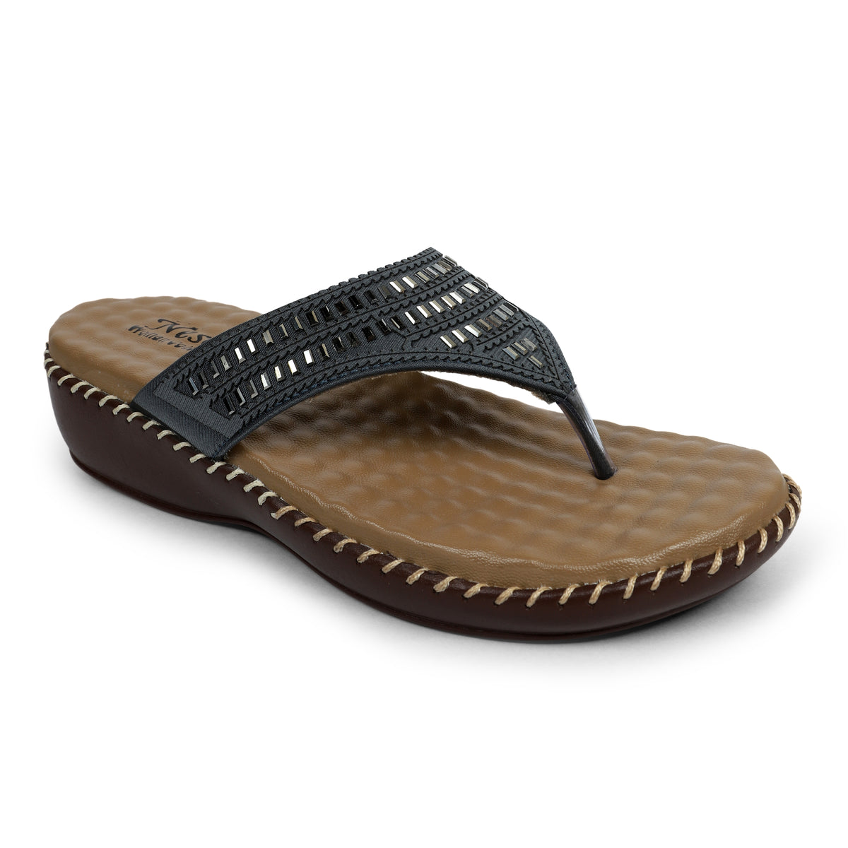 Glossy Wide-Strap Comfort Sandals - Grey