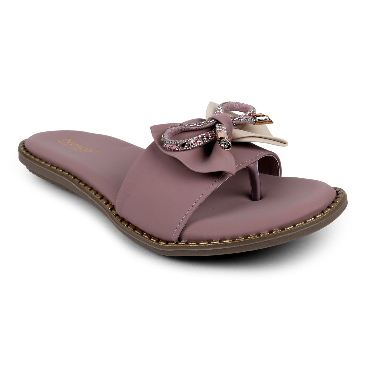 Embellished Bow Detail Slides - Mauve