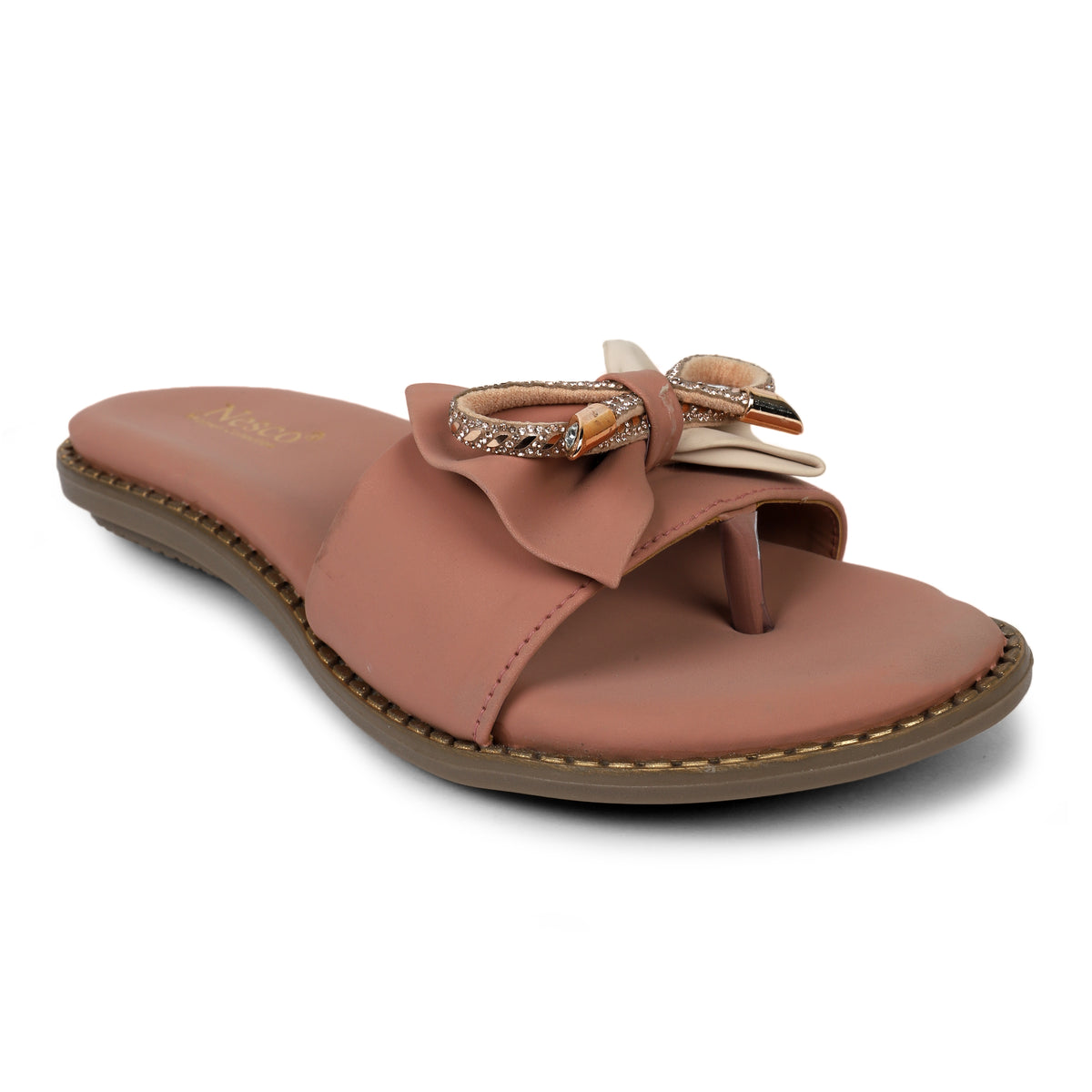 Embellished Bow Detail Slides - Peach