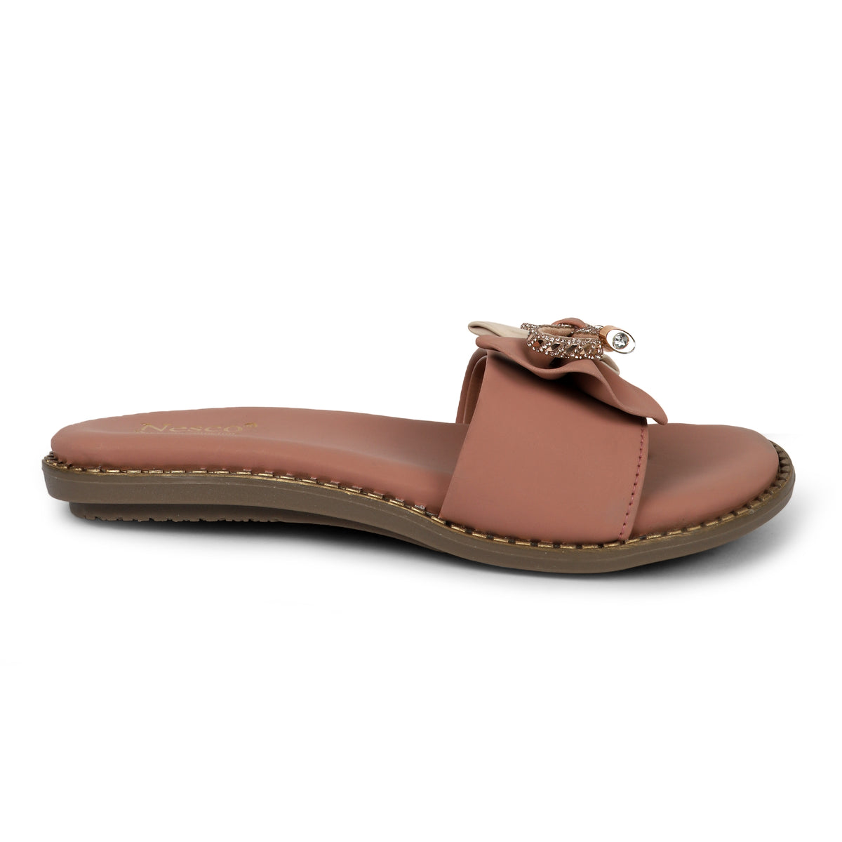 Embellished Bow Detail Slides - Peach