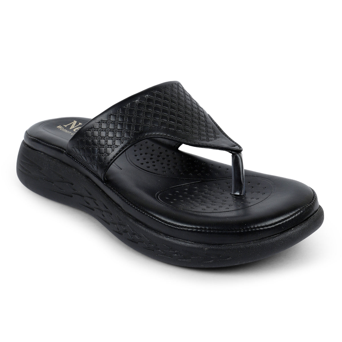 Textured V-Strap Comfort Sandals - Black