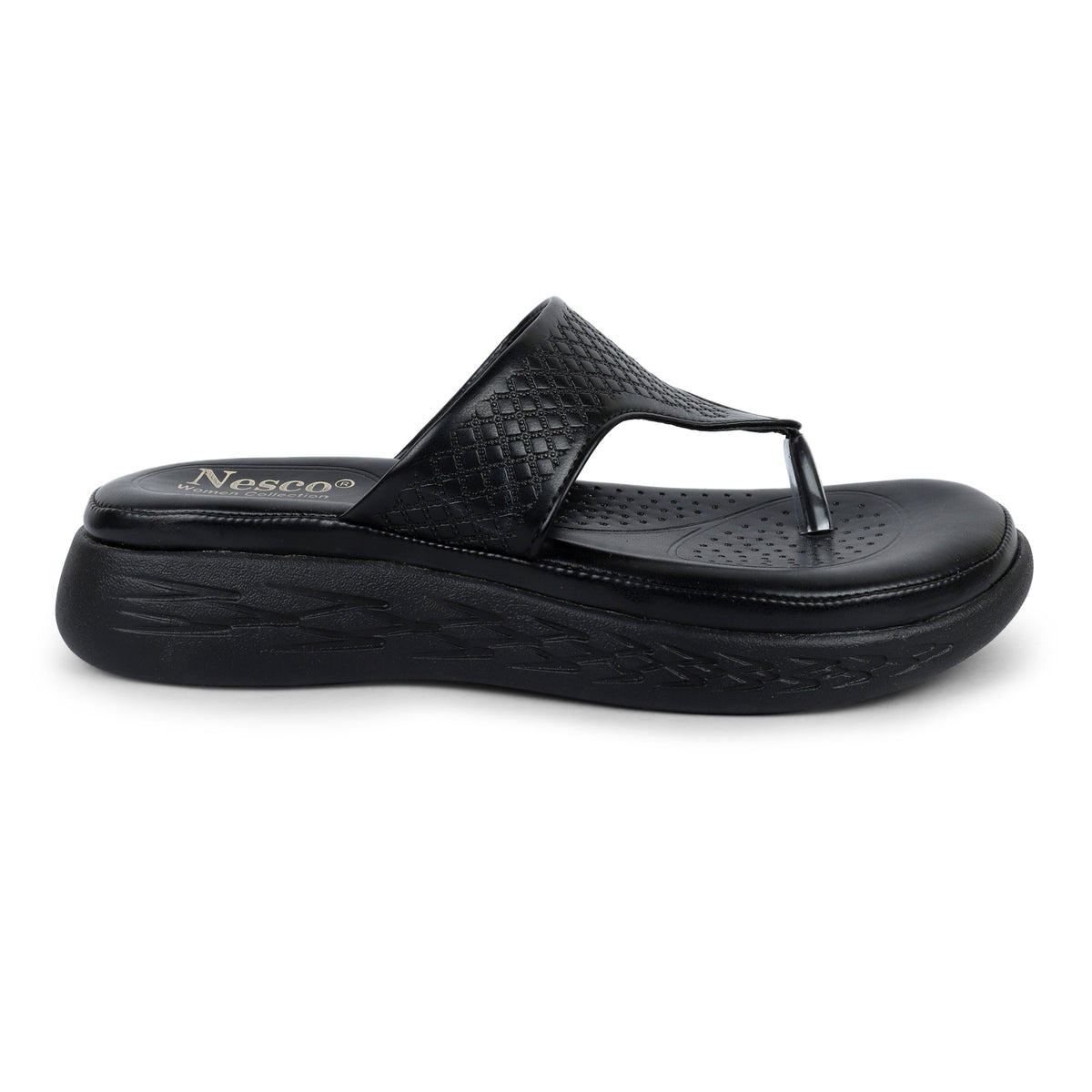Textured V-Strap Comfort Sandals - Black