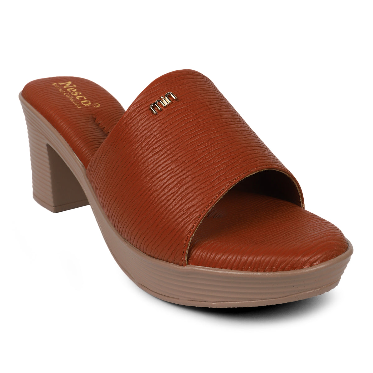 Textured Block Heel Slip-On Mules - Brown