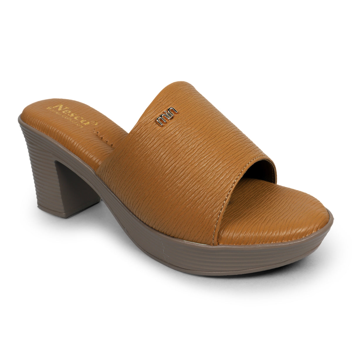 Textured Block Heel Slip-On Mules - Tan
