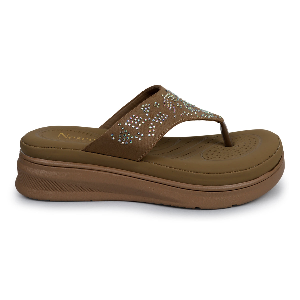 V-Strap Embellished Wedges - Tan