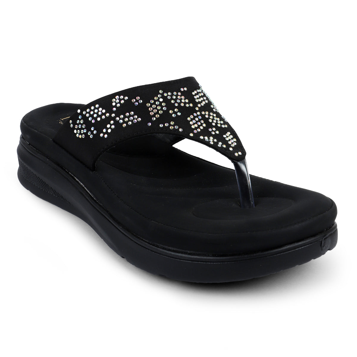V-Strap Embellished Wedges - Black
