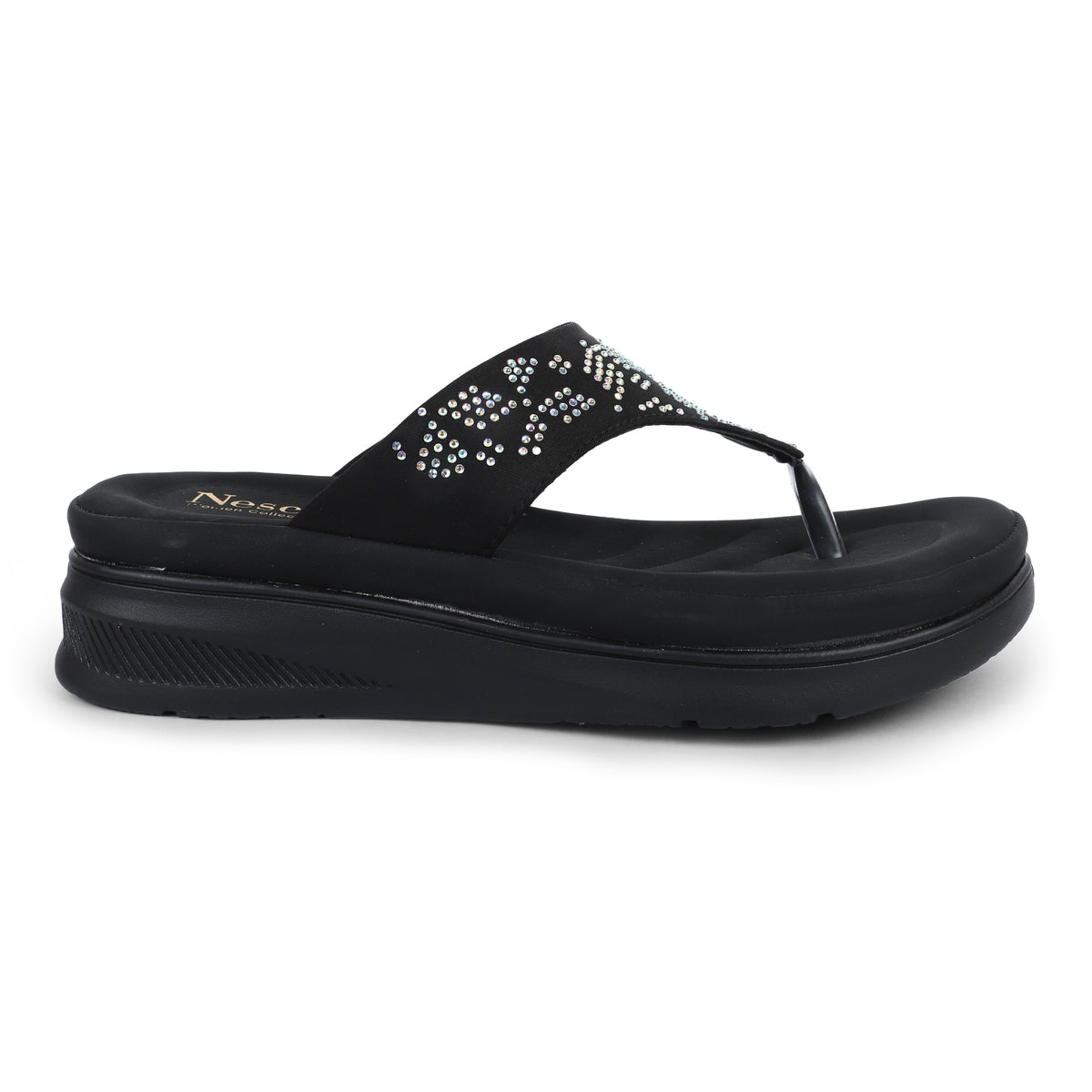 V-Strap Embellished Wedges - Black