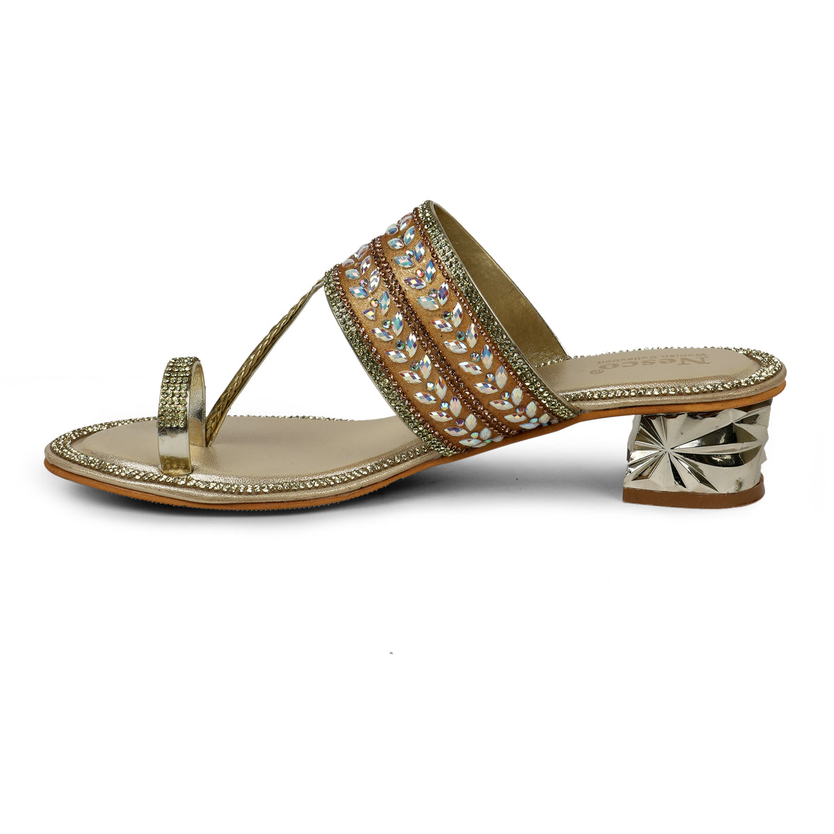 Embellished Leaf Pattern Toe-Post Sandals - Gold