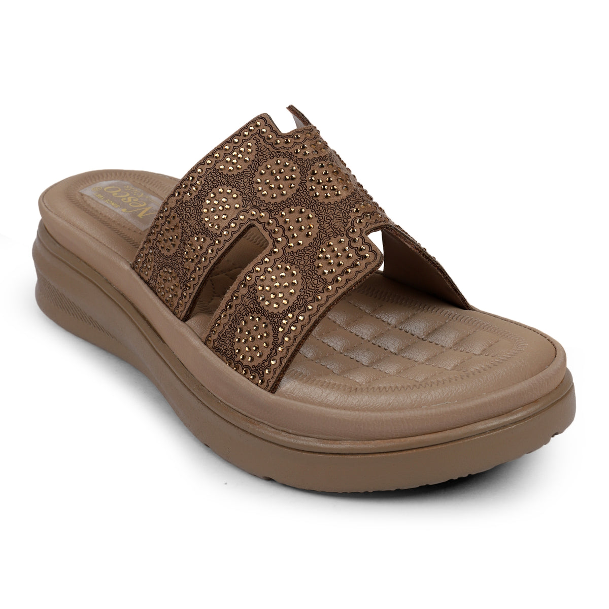 Embellished H-Strap Slides - Beige