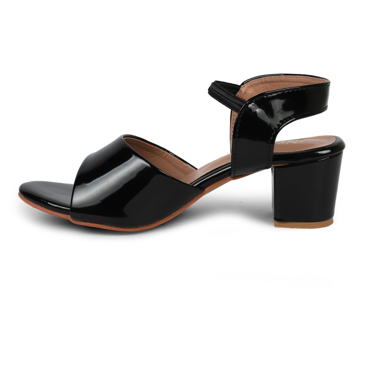Glossy Block Heel Sandals - Black