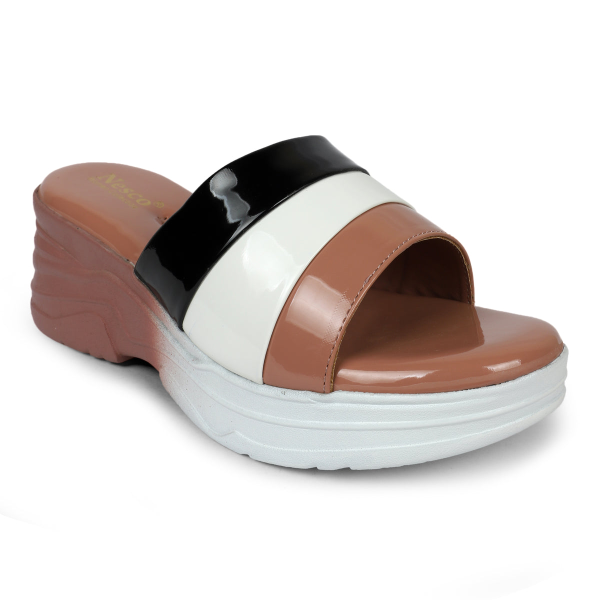 Tri-Color Platform Wedge Slides - Tan