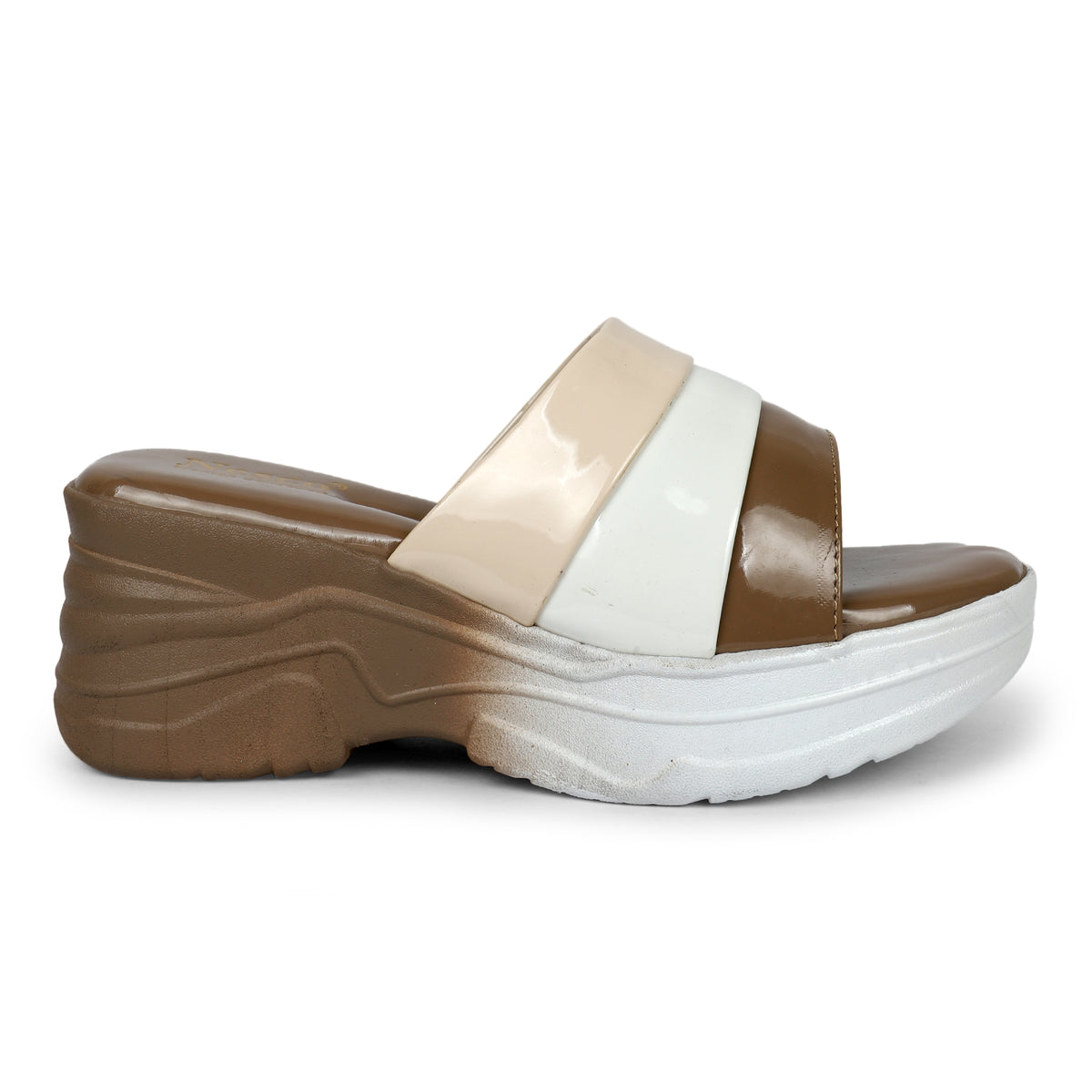 Tri-Color Platform Wedge Slides - Beige