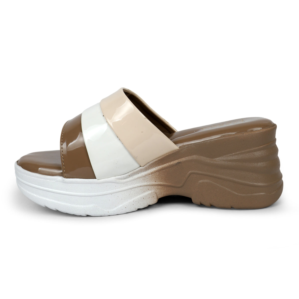 Tri-Color Platform Wedge Slides - Beige
