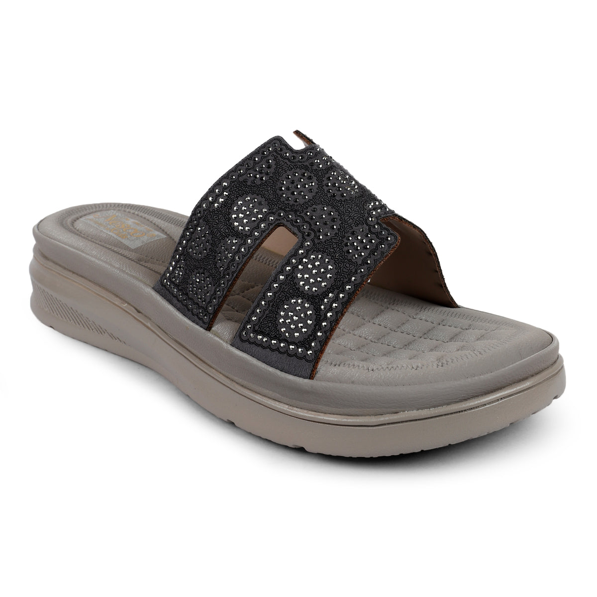 Embellished H-Strap Slides - Grey