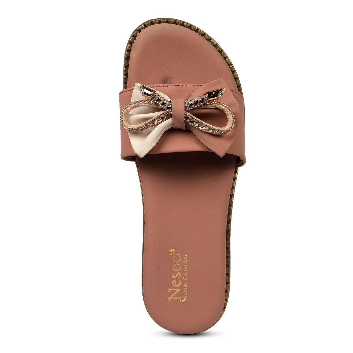 Embellished Bow Detail Slides - Peach